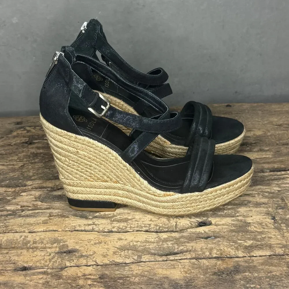 Isola Black Leather Strappy Espadrille Wedge Sandals Zipper Size 8